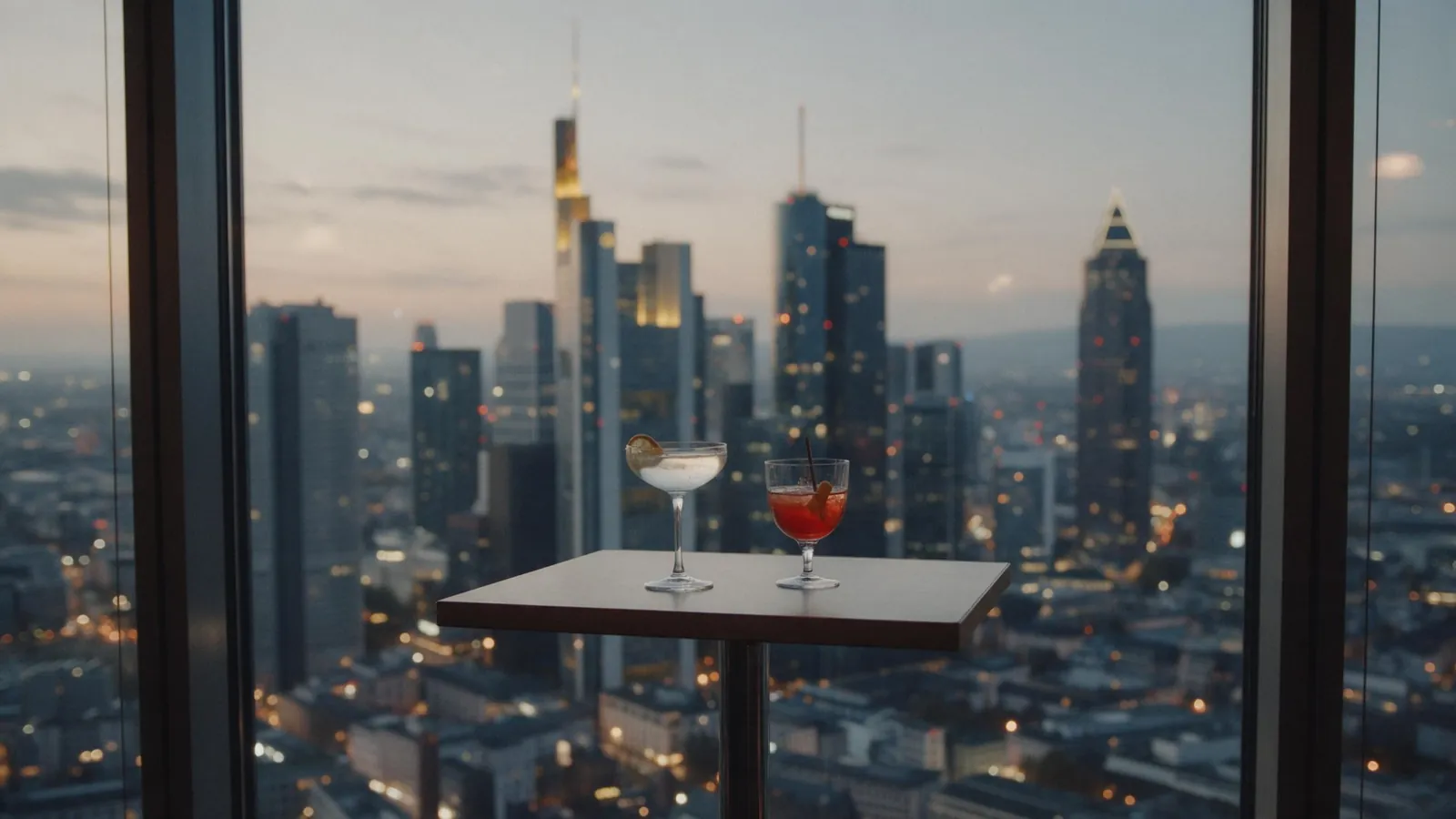 Zwei Cocktailgläser an einem hohen Tisch vor einer Fensterfront, dahinter unscharf die Skyline von Frankfurt zur blauen Stunde
