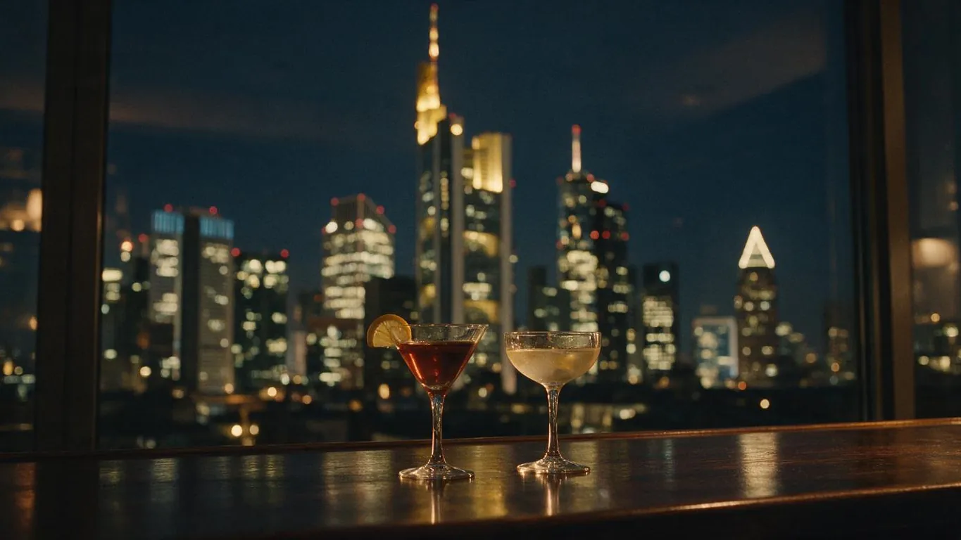 Zwei Cocktailgläser auf einem Tresen vor einem großen Fenster, dahinter unscharf die nächtliche Skyline von Frankfurt