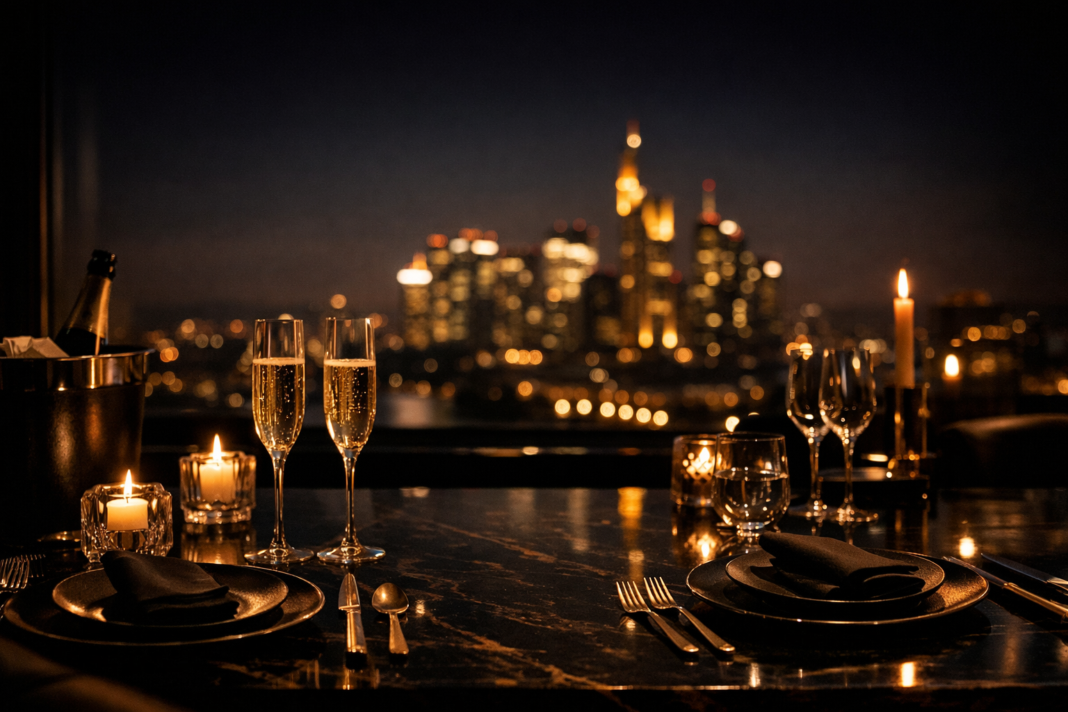 Elegantes Date-Ambiente mit Frankfurter Skyline