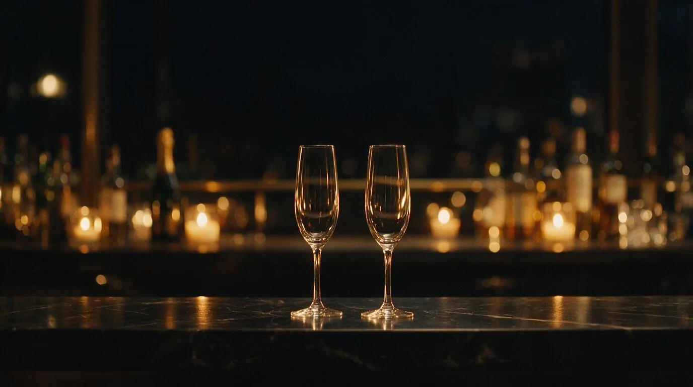 Zwei Champagnergläser auf einem dunklen Marmortresen, dahinter unscharf Flaschen und Kerzenlicht